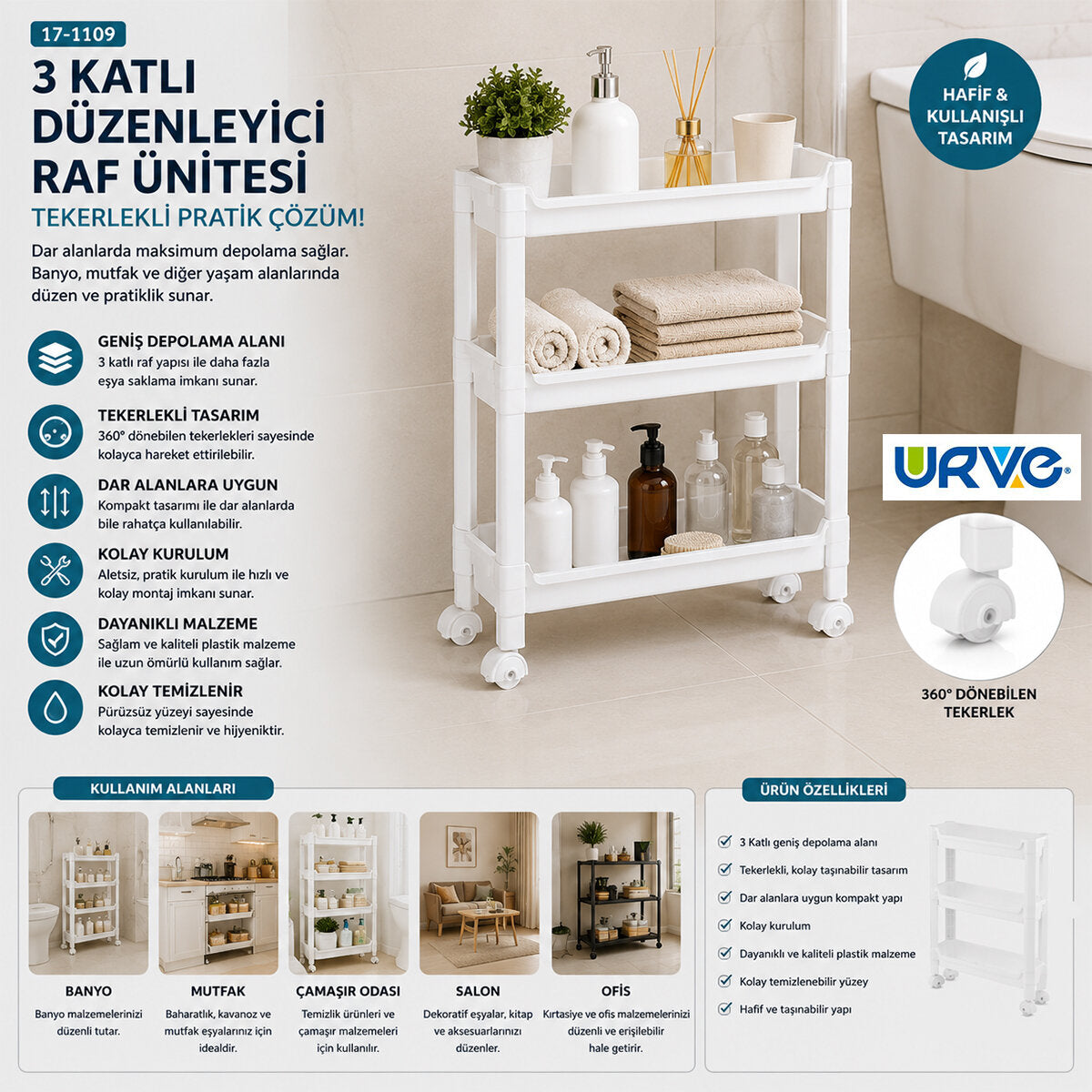RAFTY 3 KATLI TEKERLEKLİ SEPET ORGANİZER DÜZENLEYİCİ RAF ÜNİTESİ 465X145X480MM (5347)