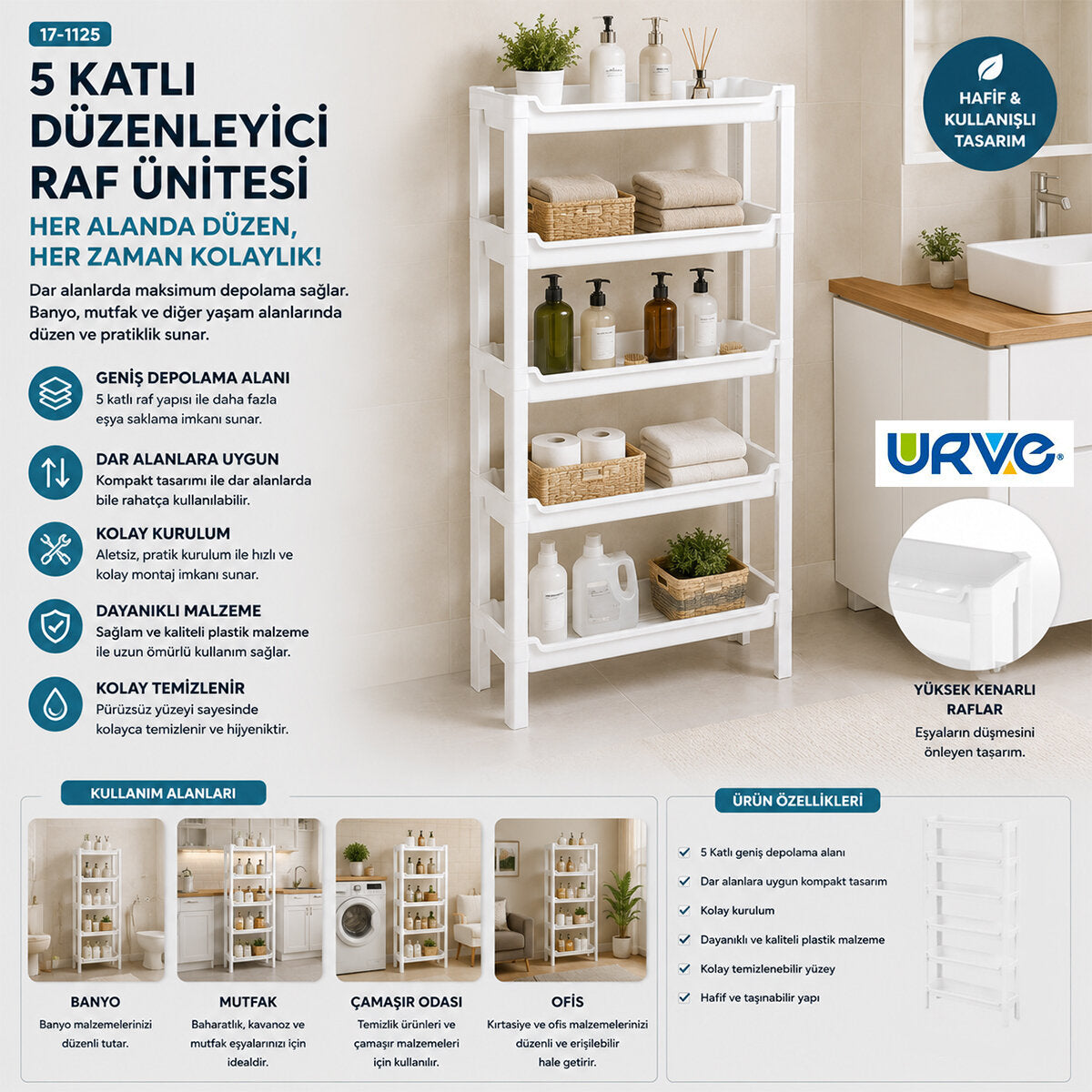 RAFTY 5 KATLI SEPET ORGANİZER DÜZENLEYİCİ RAF ÜNİTESİ 465X145X870MM (5347)