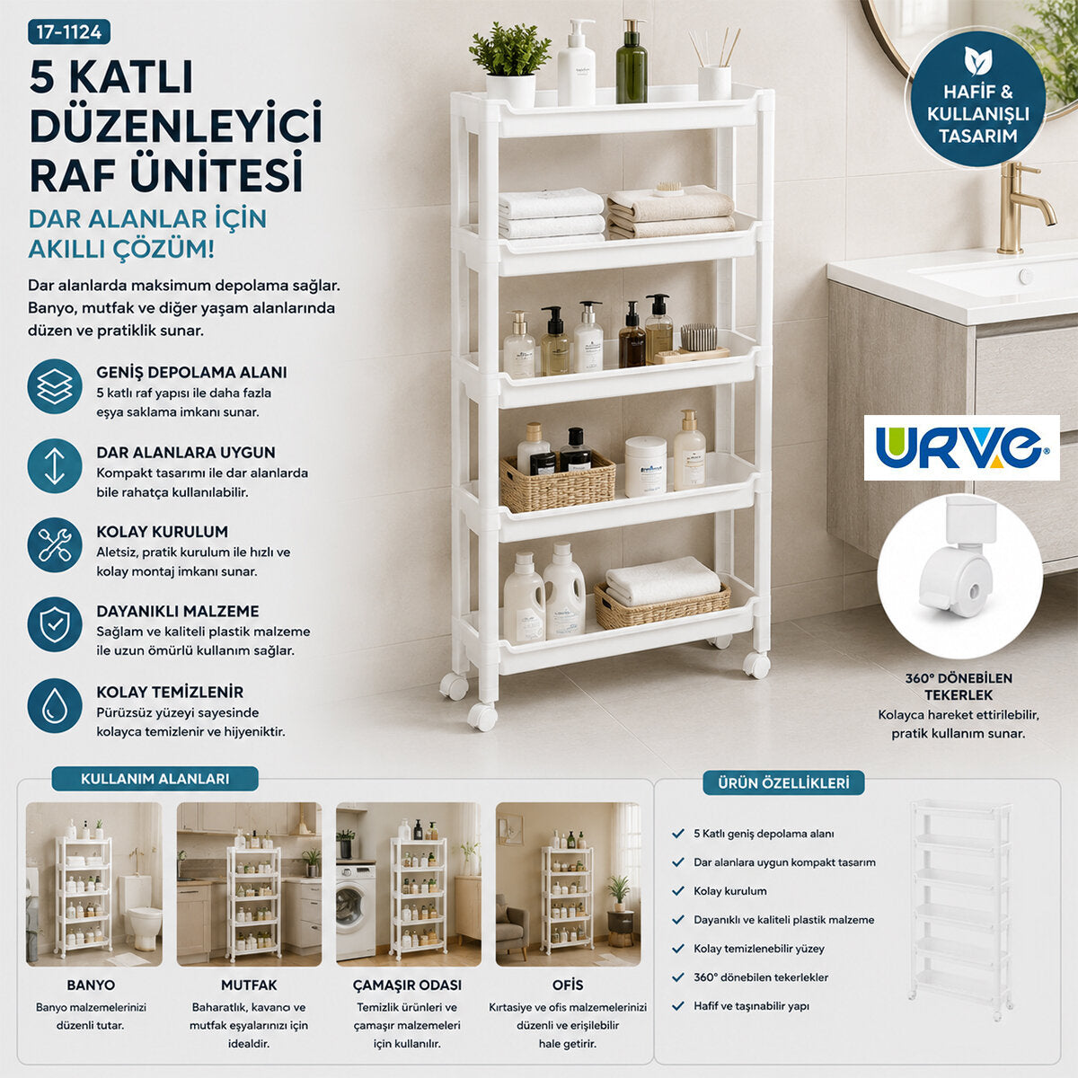 RAFTY 5 KATLI TEKERLEKLİ SEPET ORGANİZER DÜZENLEYİCİ RAF ÜNİTESİ 465X145X850MM (5347)