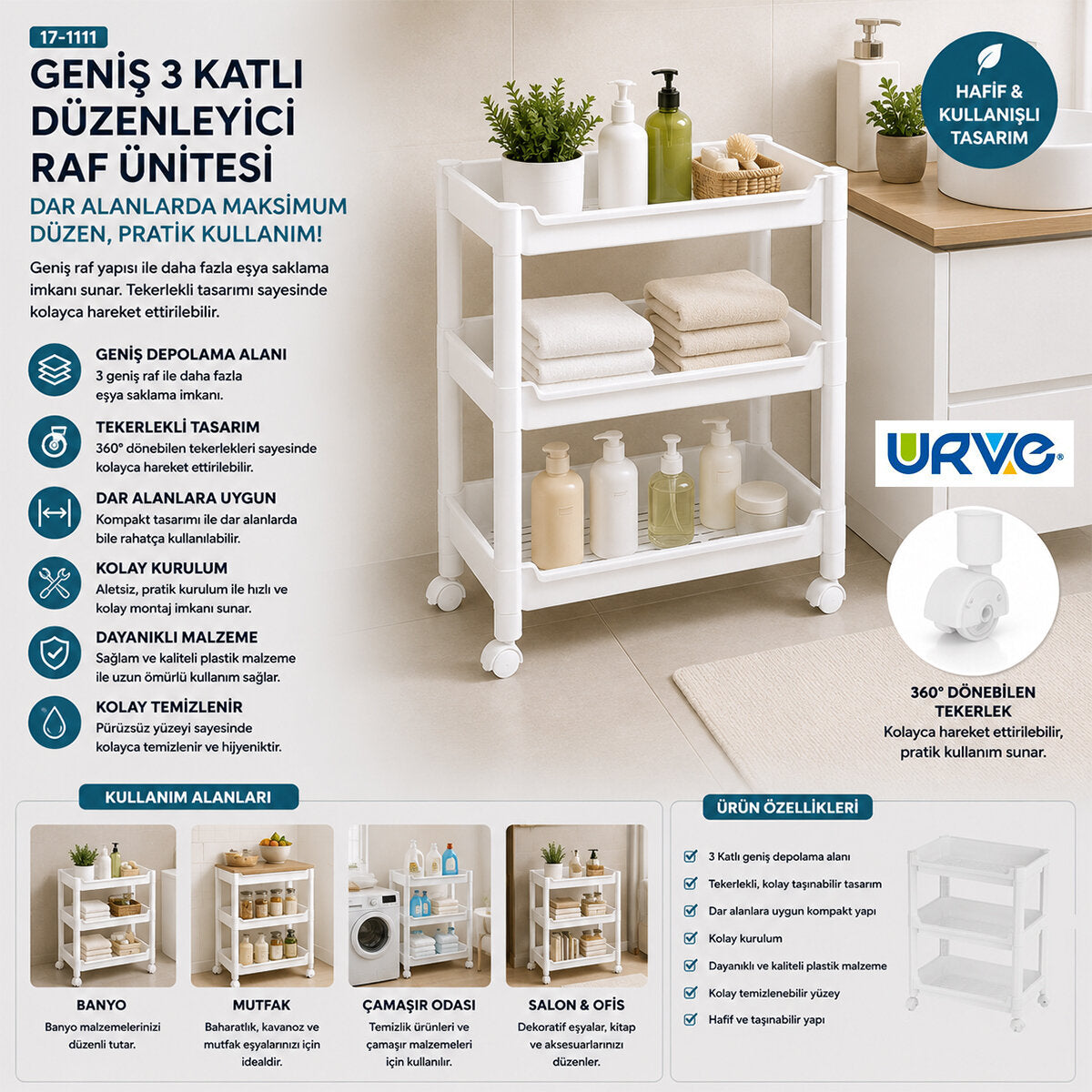 RAFTY GENİŞ 3 KATLI TEKERLEKLİ SEPET ORGANİZER DÜZENLEYİCİ RAF ÜNİTESİ 352X220X480MM (5347)