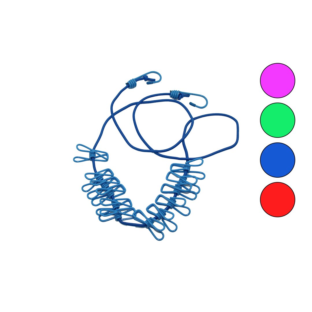 COLORED ELASTIC = Stretches from 150CM to 280CM - CLOTHESLINE WITH 12 METAL CLIPS BRKT-910316 (5347)