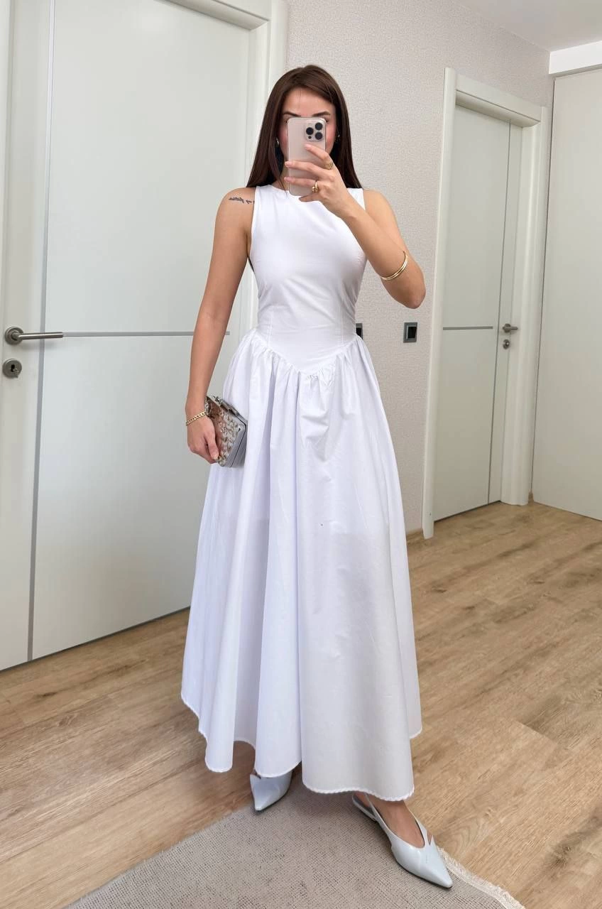 فستان طويل بدون أكمام بخصر محدد - أبيض