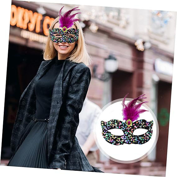 Black Velvet Colorful Sequin Pink Feather Pink Stone Party Mask 19x21 cm (5347)