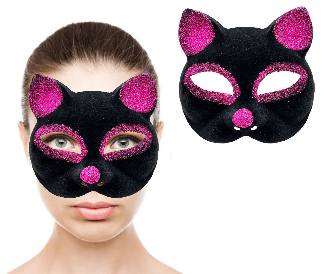 قناع قطة مخملي أسود بلمعة فوشيا 18×14 سم (5347)