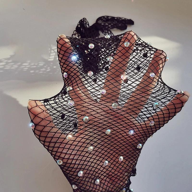 Black Beaded Diamond Embroidered Fishnet Long Gloves 45 cm (5347)