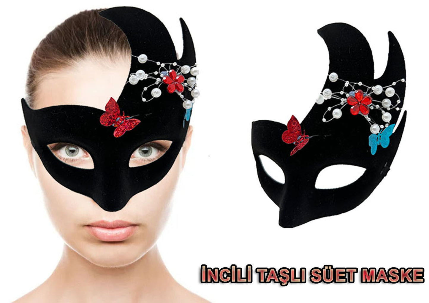 Black Beaded Gemstone Suede Venetian Party Mask 20x22 cm (5347)