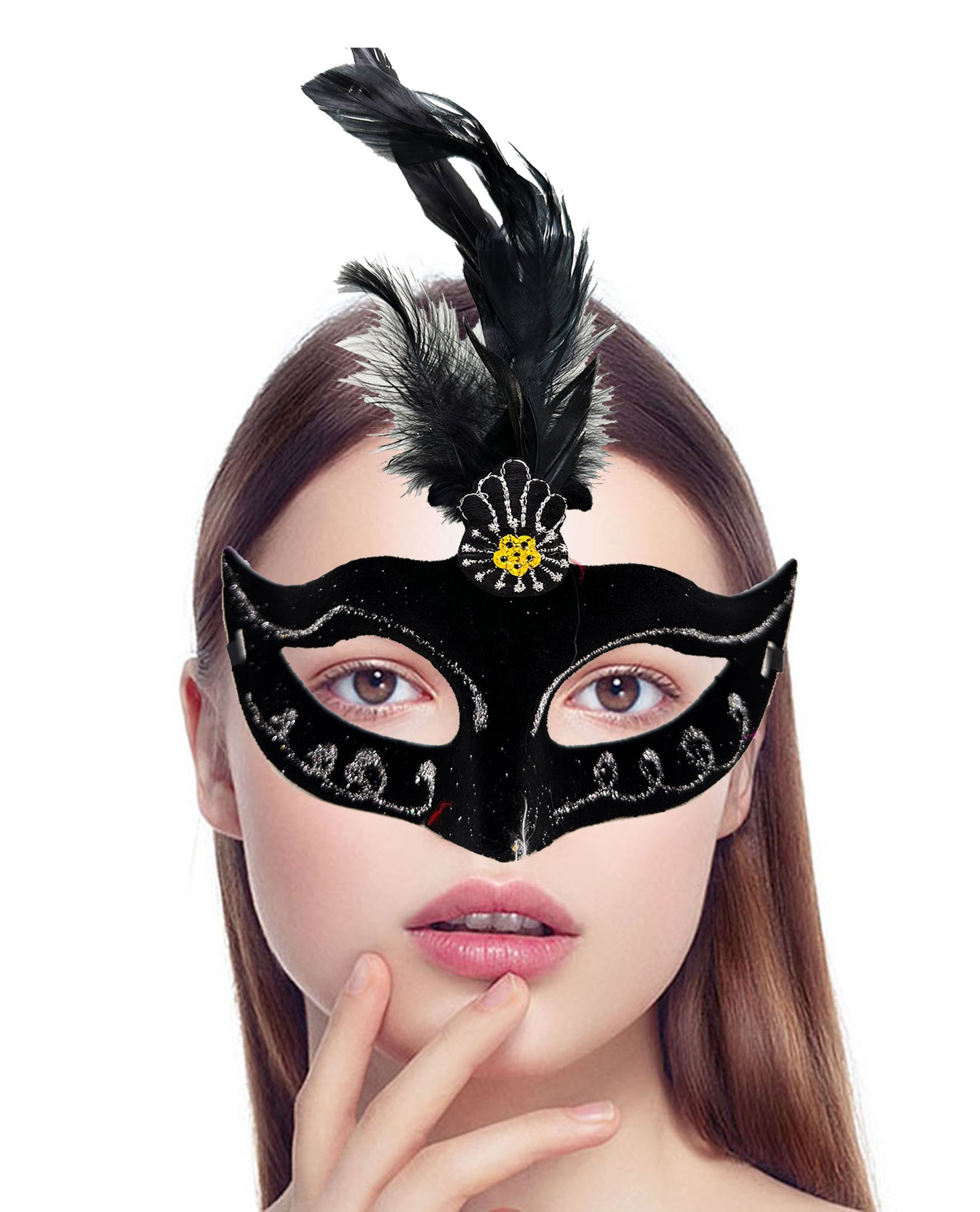 قناع حفلة تنكرية من المخمل الأسود مع ريش أسود 20×16 سم (5347)