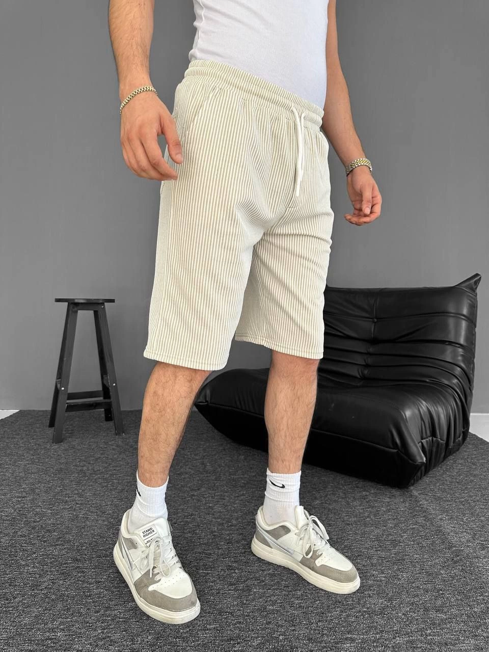 Striped Front and Back Pocket Shorts Summer Breathable - Beige
