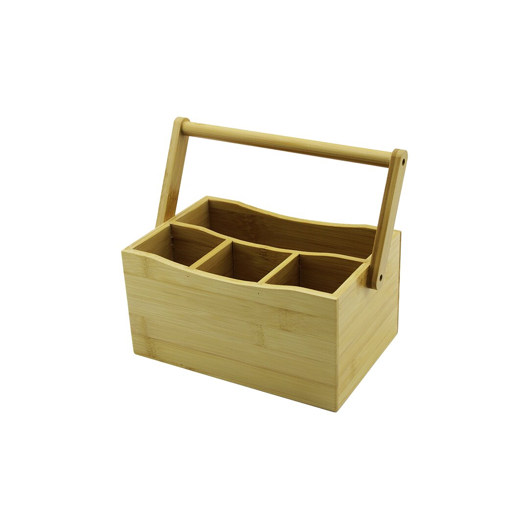 WITH CARRY HANDLE - 3+1 COMPARTMENT BAMBOO - WOODEN COUNTERTOP CUTLERY HOLDER (5347)