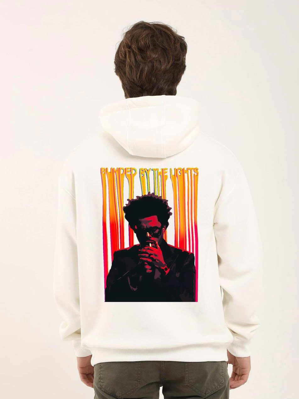 Unisex Printed Oversized Three-Thread Hooded Sweatshirt - White