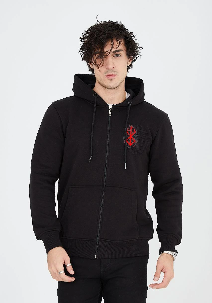 Unisex Printed Full-Zip Hooded Sweatshirt - Black