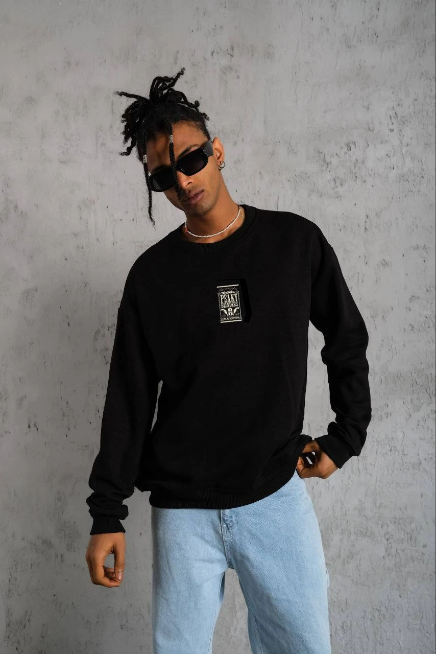 Unisex Crew Neck Printed Oversize Sweatshirt - Black