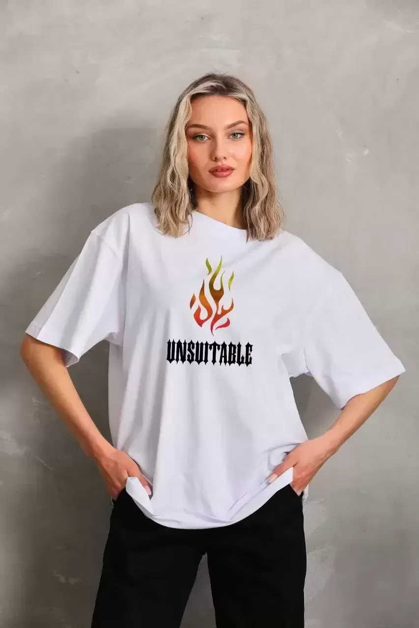 Unisex Crew Neck Printed Oversize T-Shirt - White