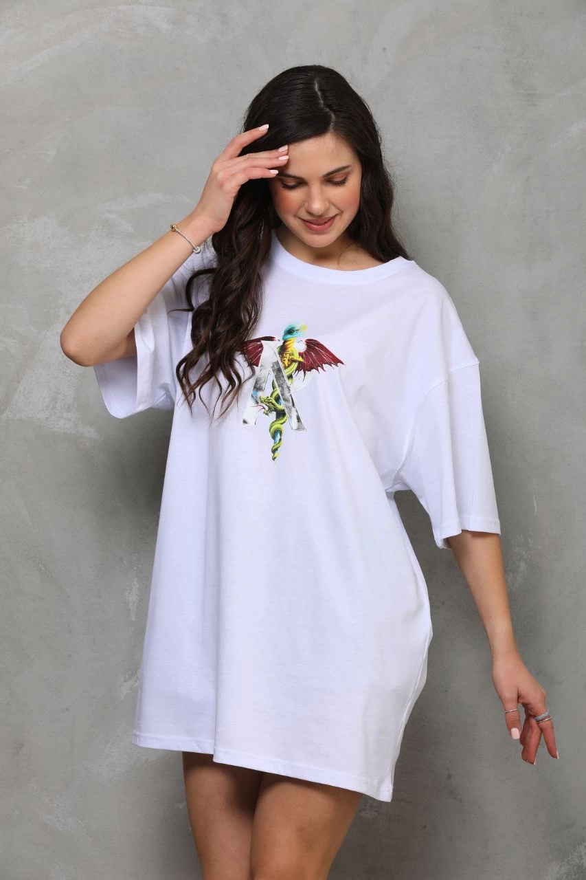 Unisex Crew Neck Printed Oversize T-Shirt - White