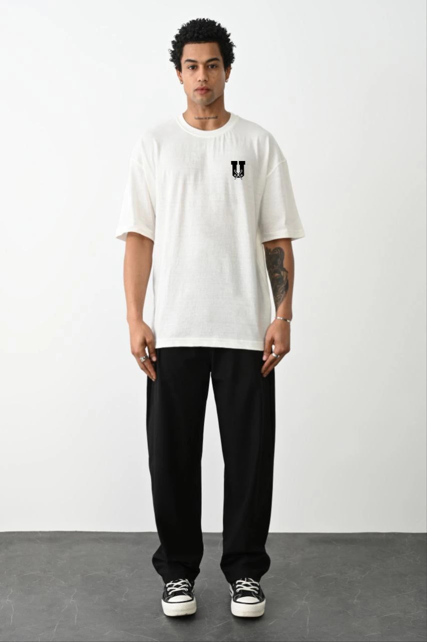 Unisex Crew Neck Printed Oversize T-Shirt - White