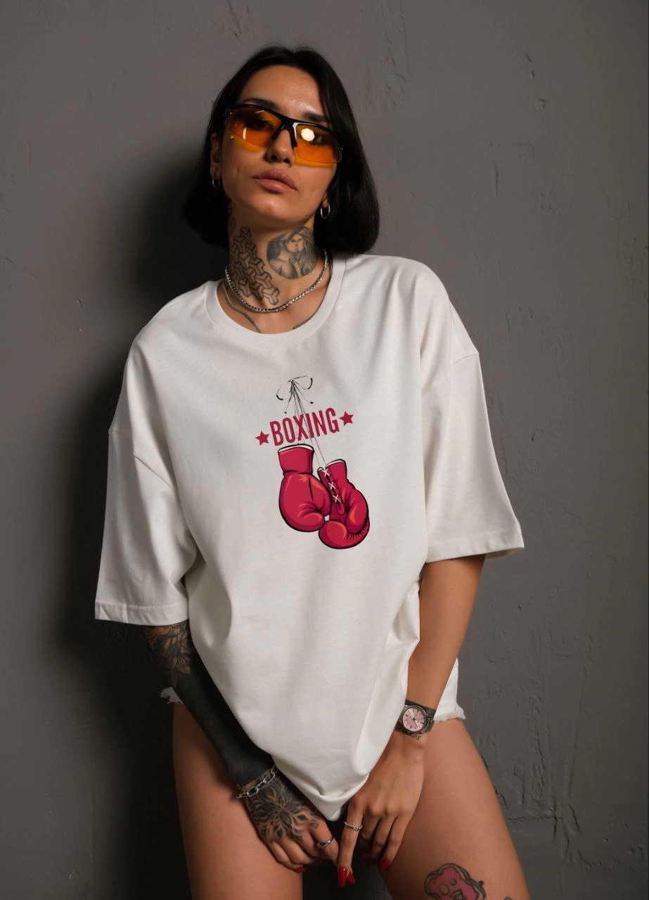 Unisex Crew Neck Printed Oversize T-Shirt - White