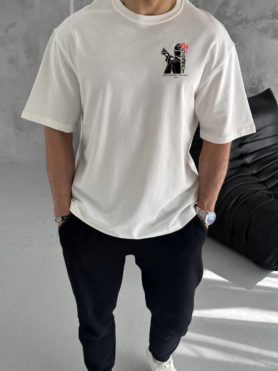 Unisex Crew Neck Printed Oversize T-Shirt - White