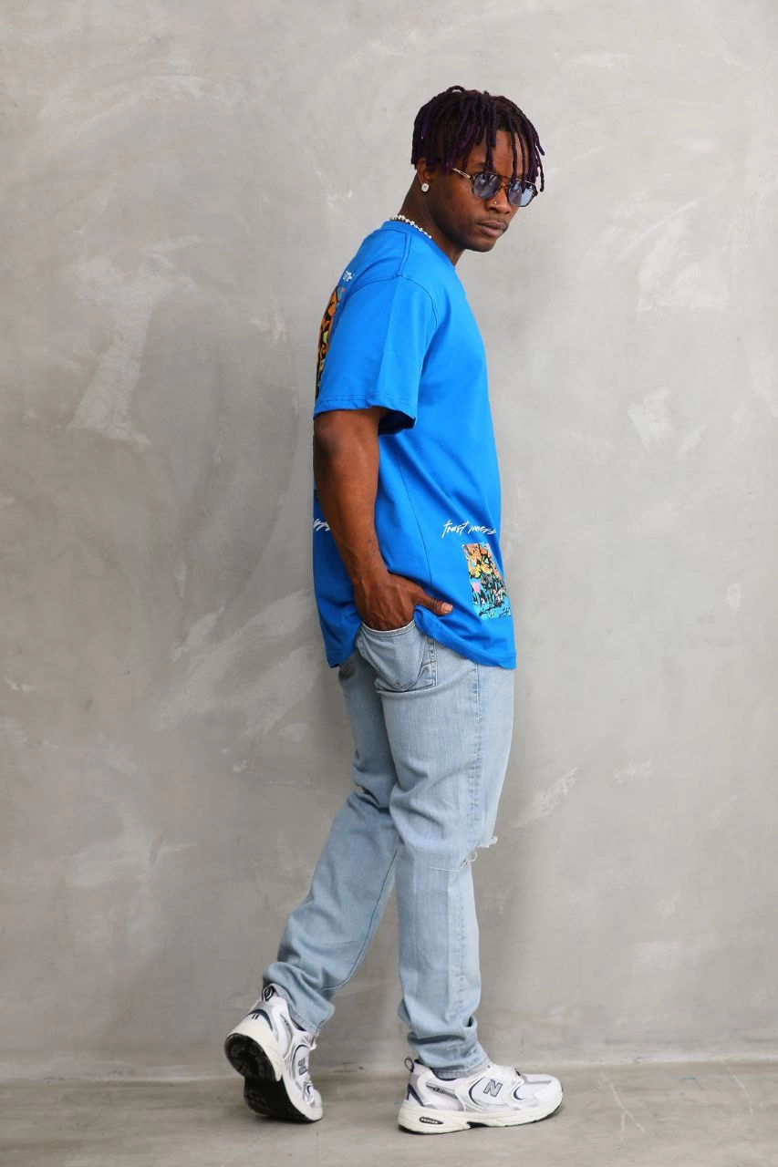 Unisex Crew Neck Printed Oversize T-Shirt - Blue