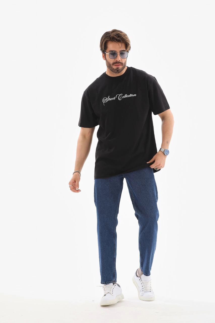 Unisex Crew Neck Printed Oversized T-Shirt - Black