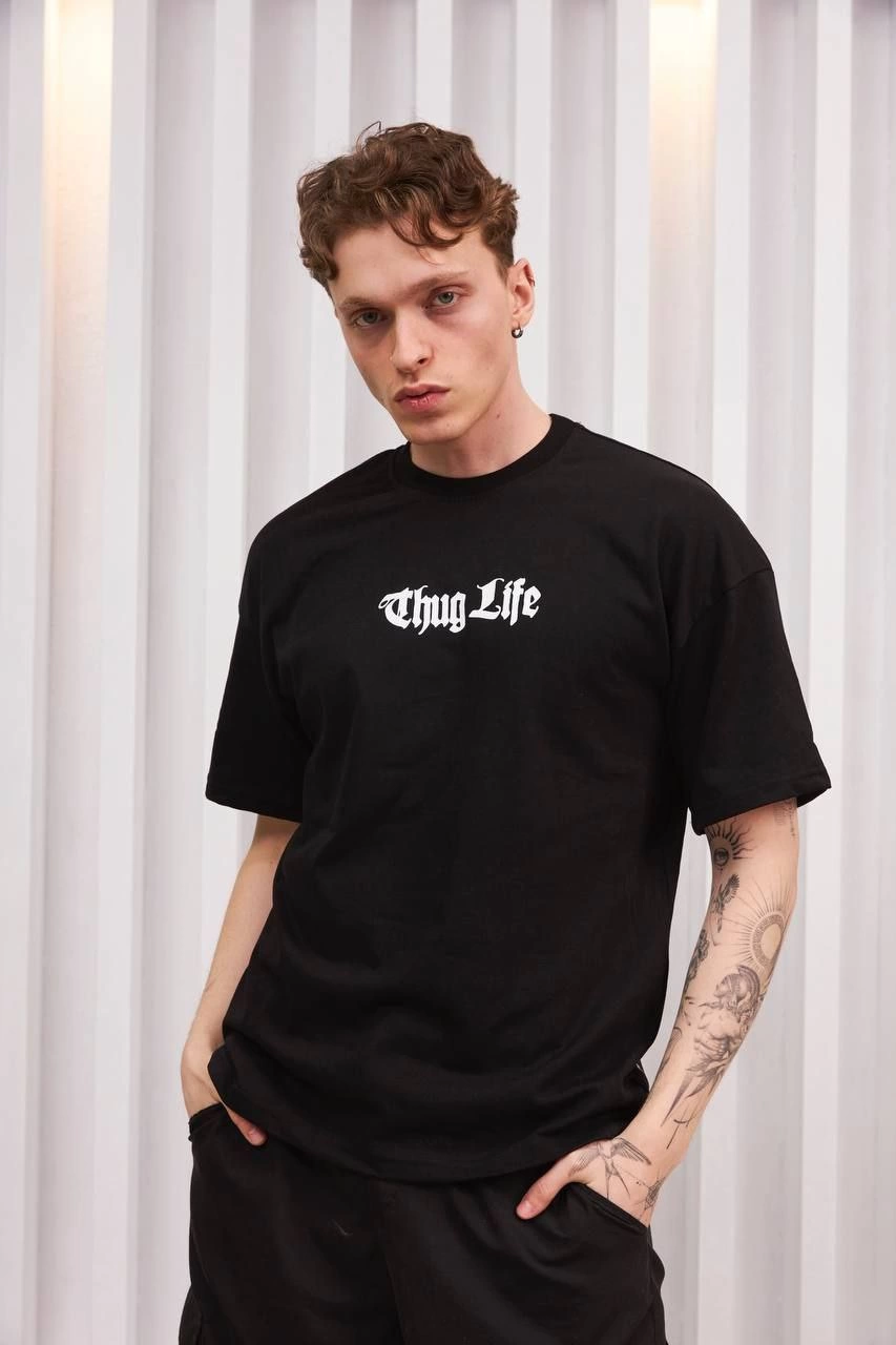 Unisex Crew Neck Printed Oversize T-Shirt - Black