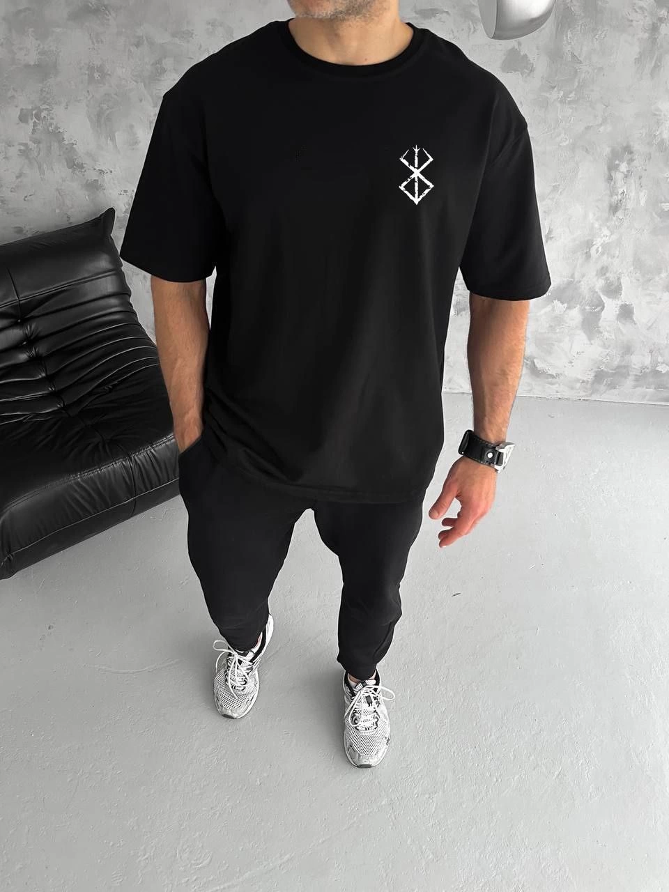 Unisex Crew Neck Printed Oversize T-Shirt - Black