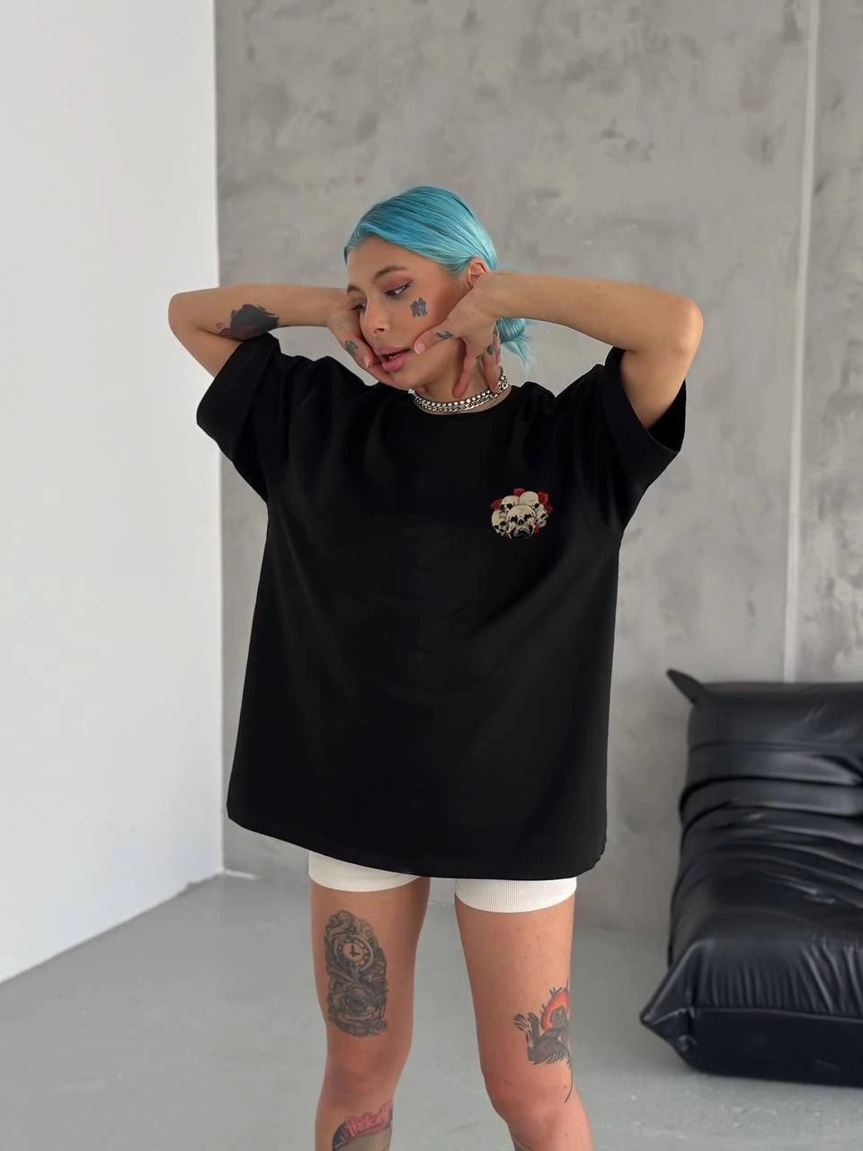 Unisex Crew Neck Printed Oversize T-Shirt - Black