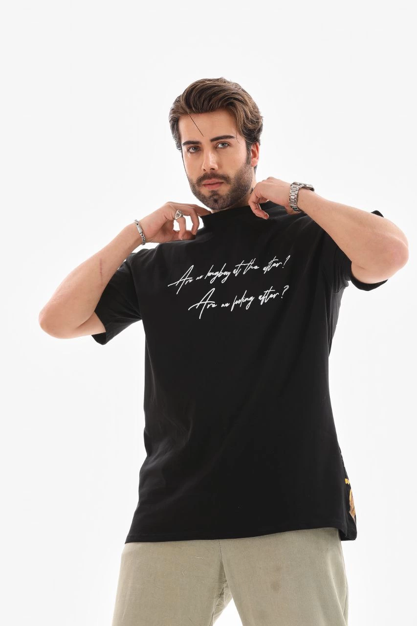 Unisex Crew Neck Printed Oversized T-Shirt - Black