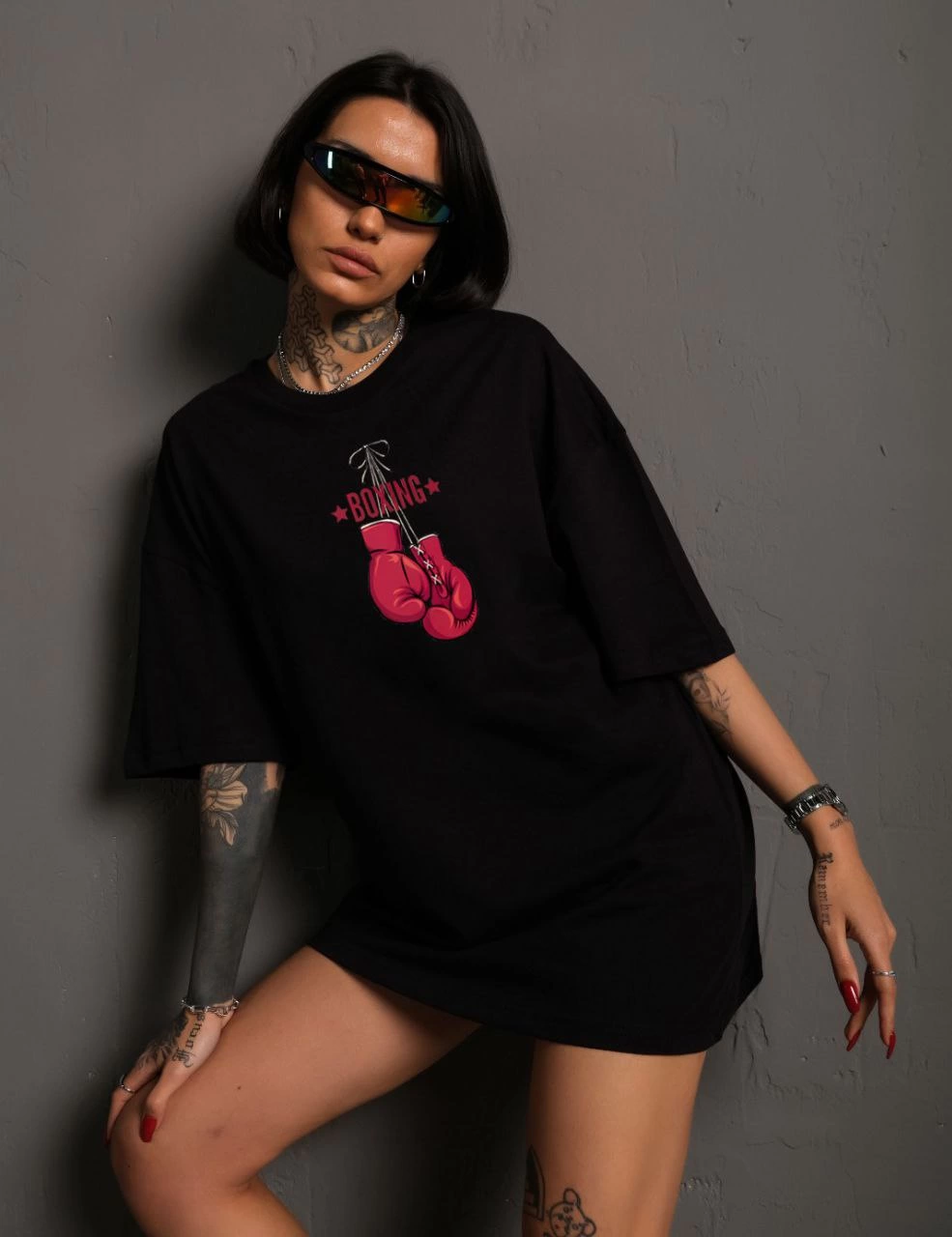 Unisex Crew Neck Printed Oversize T-Shirt - Black