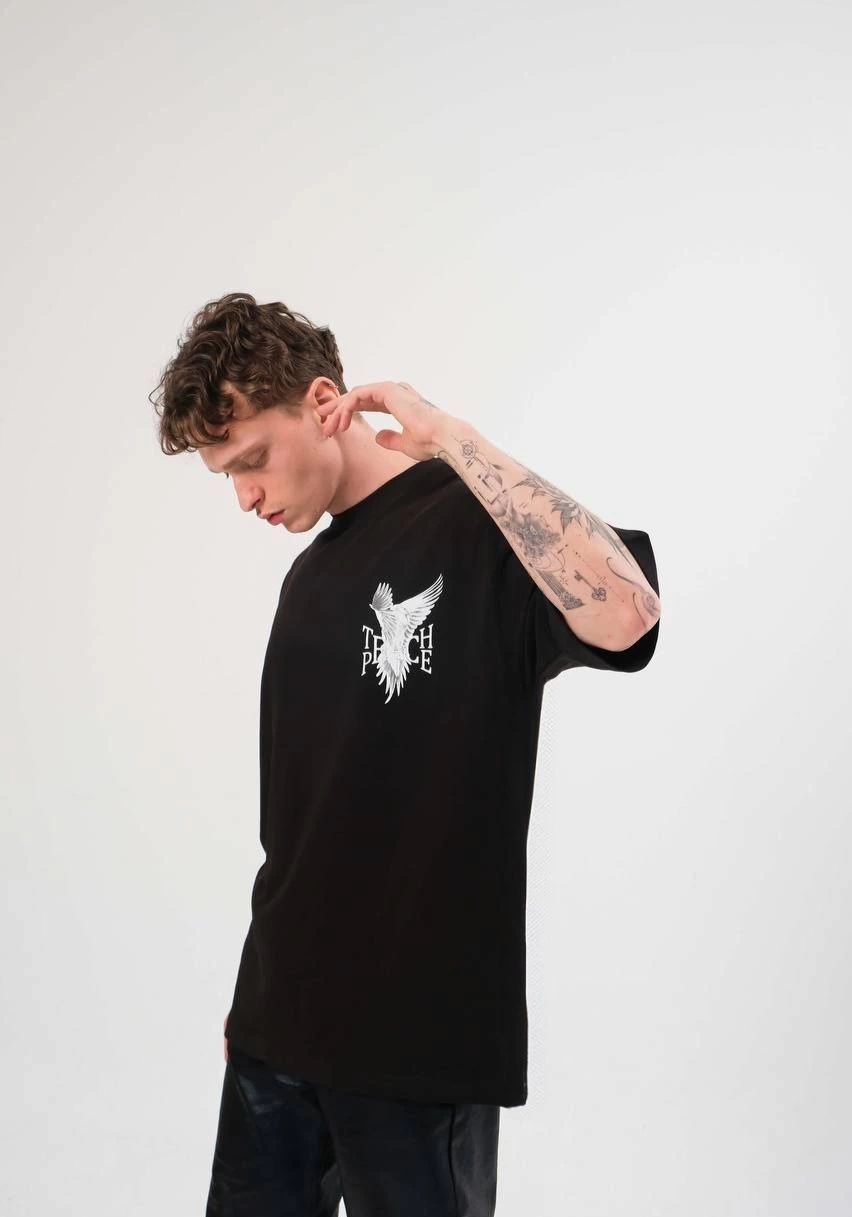 Unisex Crew Neck Printed Oversize T-Shirt - Black