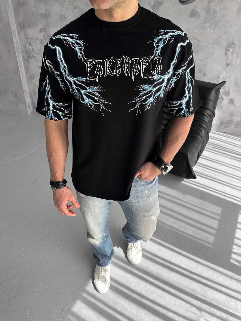 Unisex Crew Neck Printed Oversize T-Shirt-Black