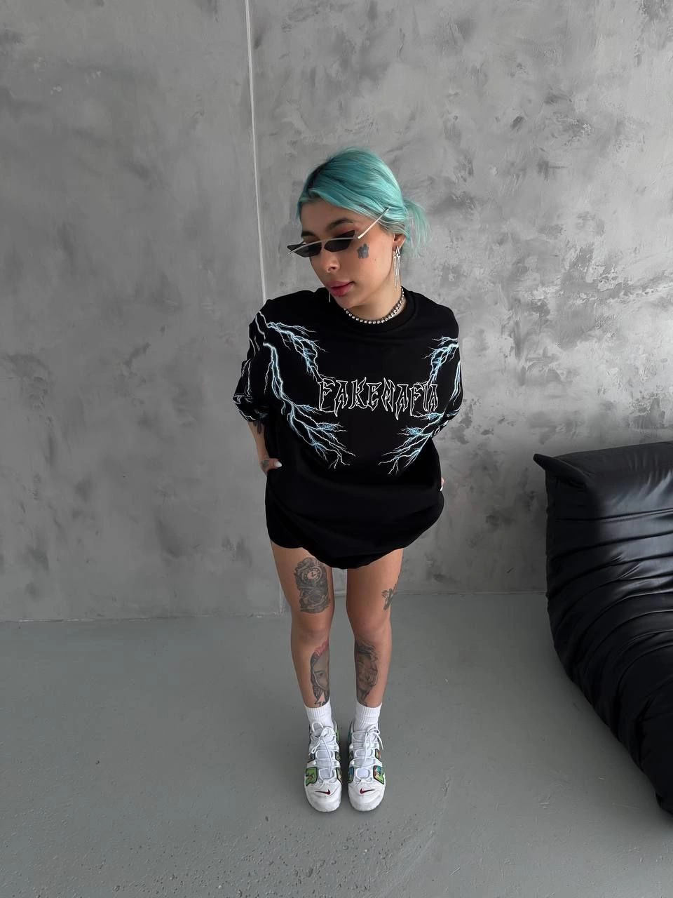 Unisex Crew Neck Printed Oversize T-Shirt - Black