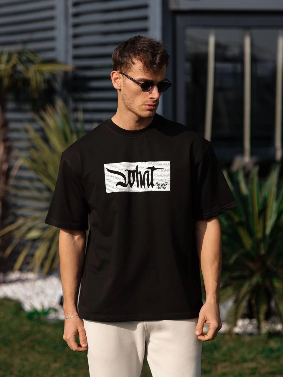 Unisex Crew Neck Printed Oversize T-Shirt - Black