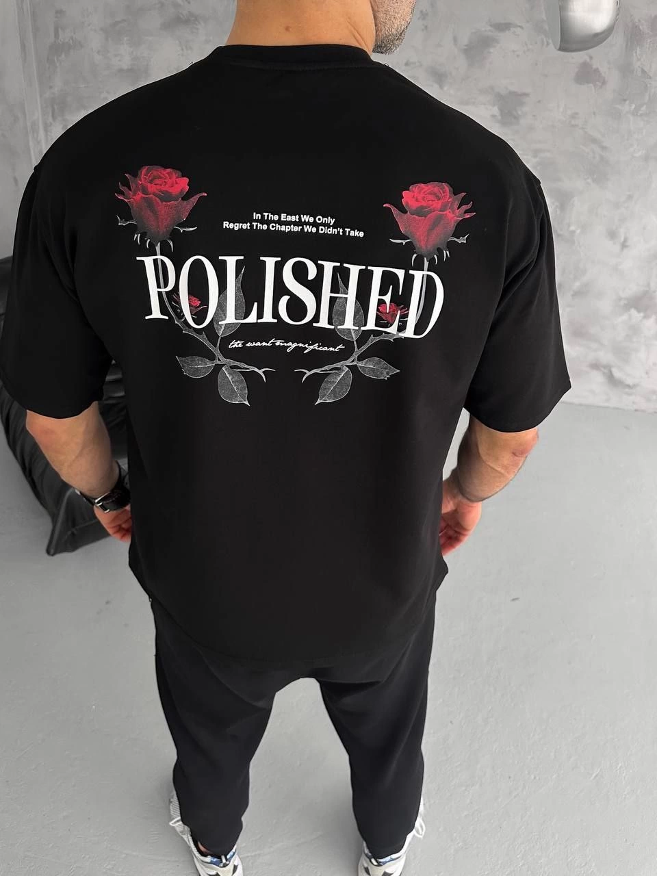 Unisex Crew Neck Printed Oversize T-Shirt - Black