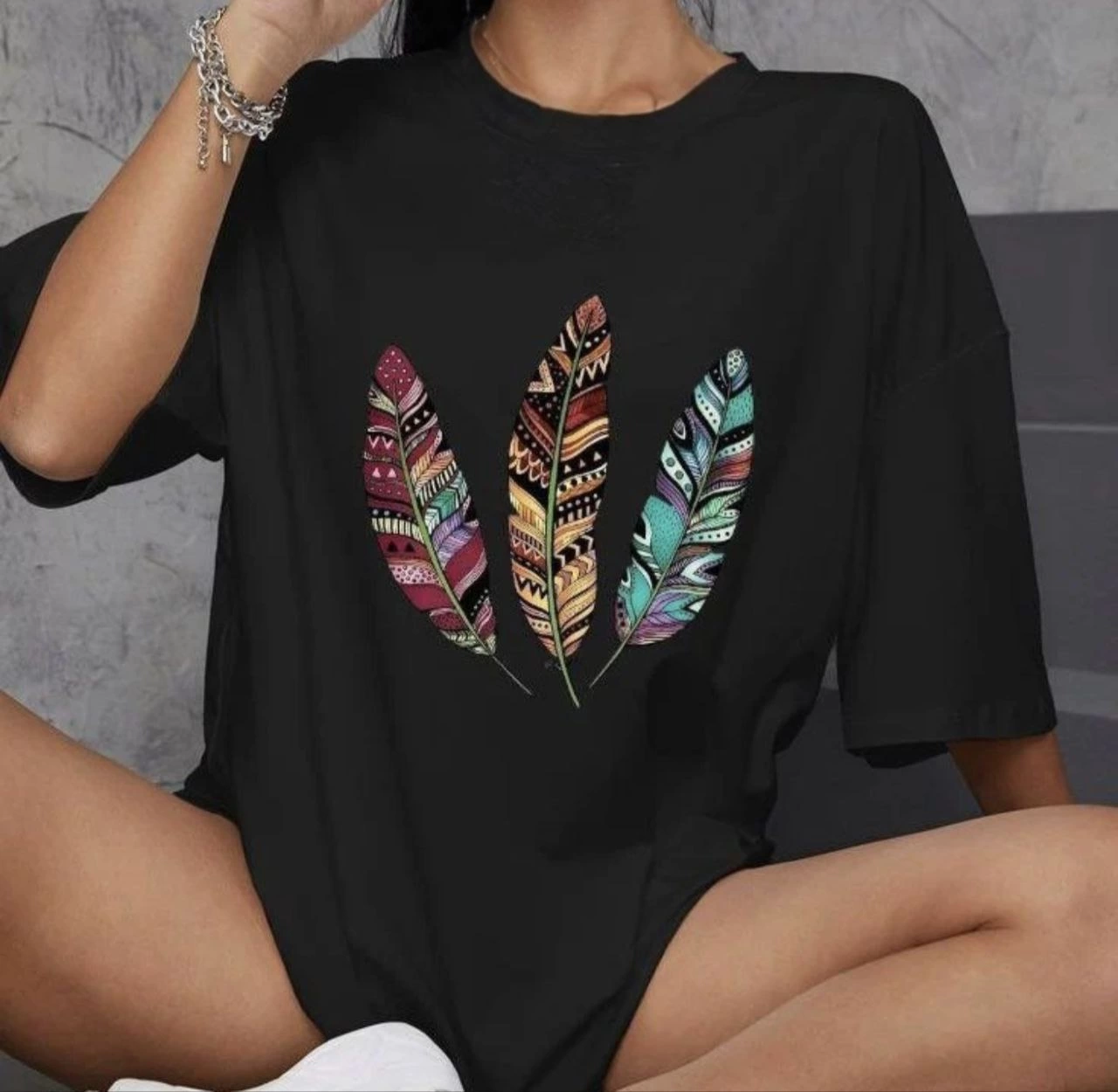 Unisex Crew Neck Printed Oversize T-Shirt - Black