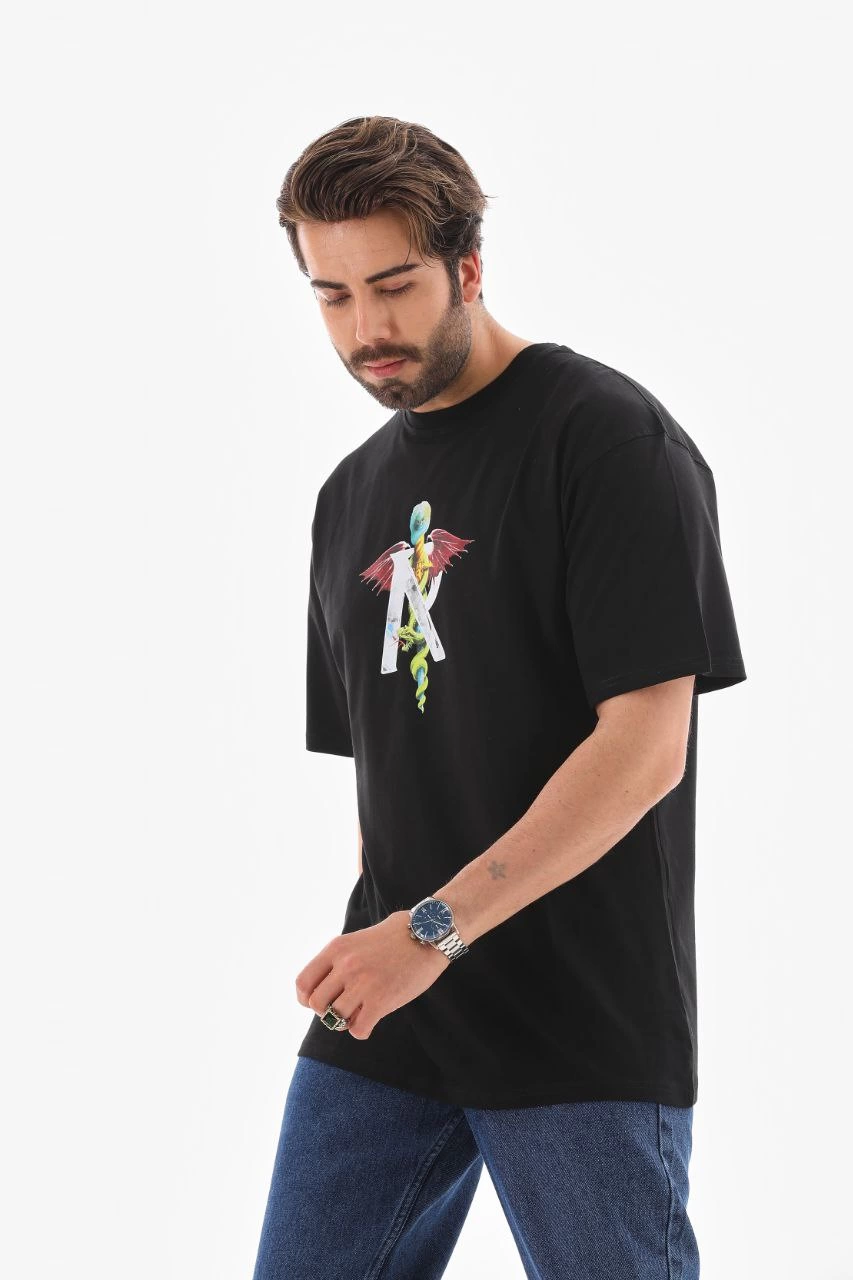 Unisex Crew Neck Printed Oversize T-Shirt - Black