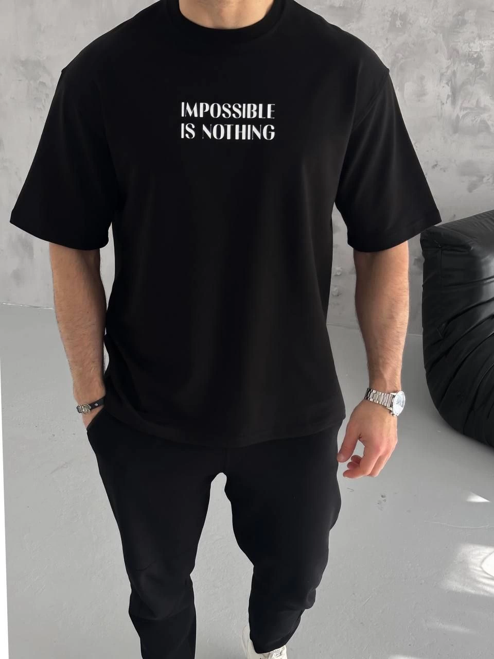 Unisex Crew Neck Printed Oversize T-Shirt - Black