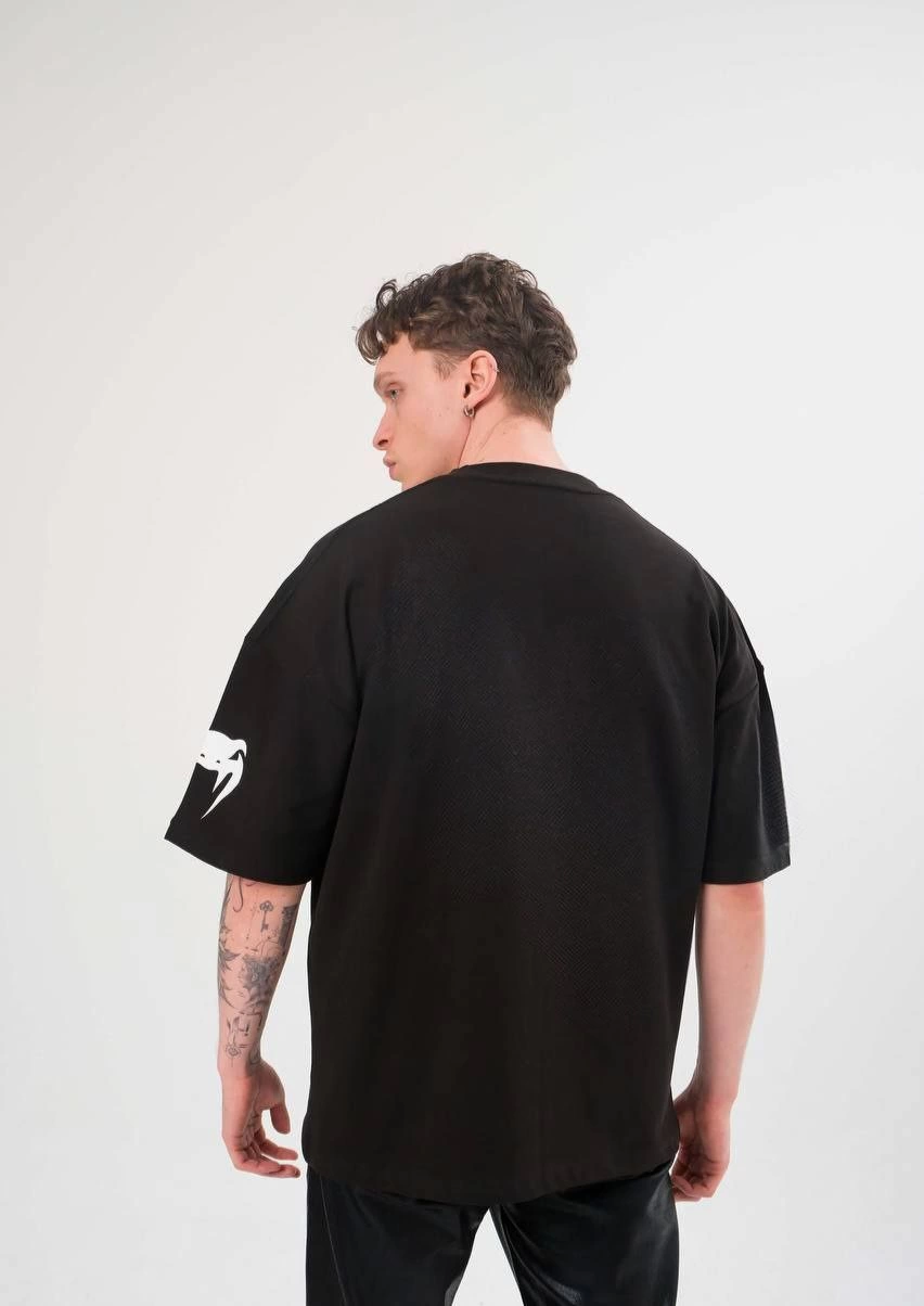 Unisex Crew Neck Printed Oversize T-Shirt - Black