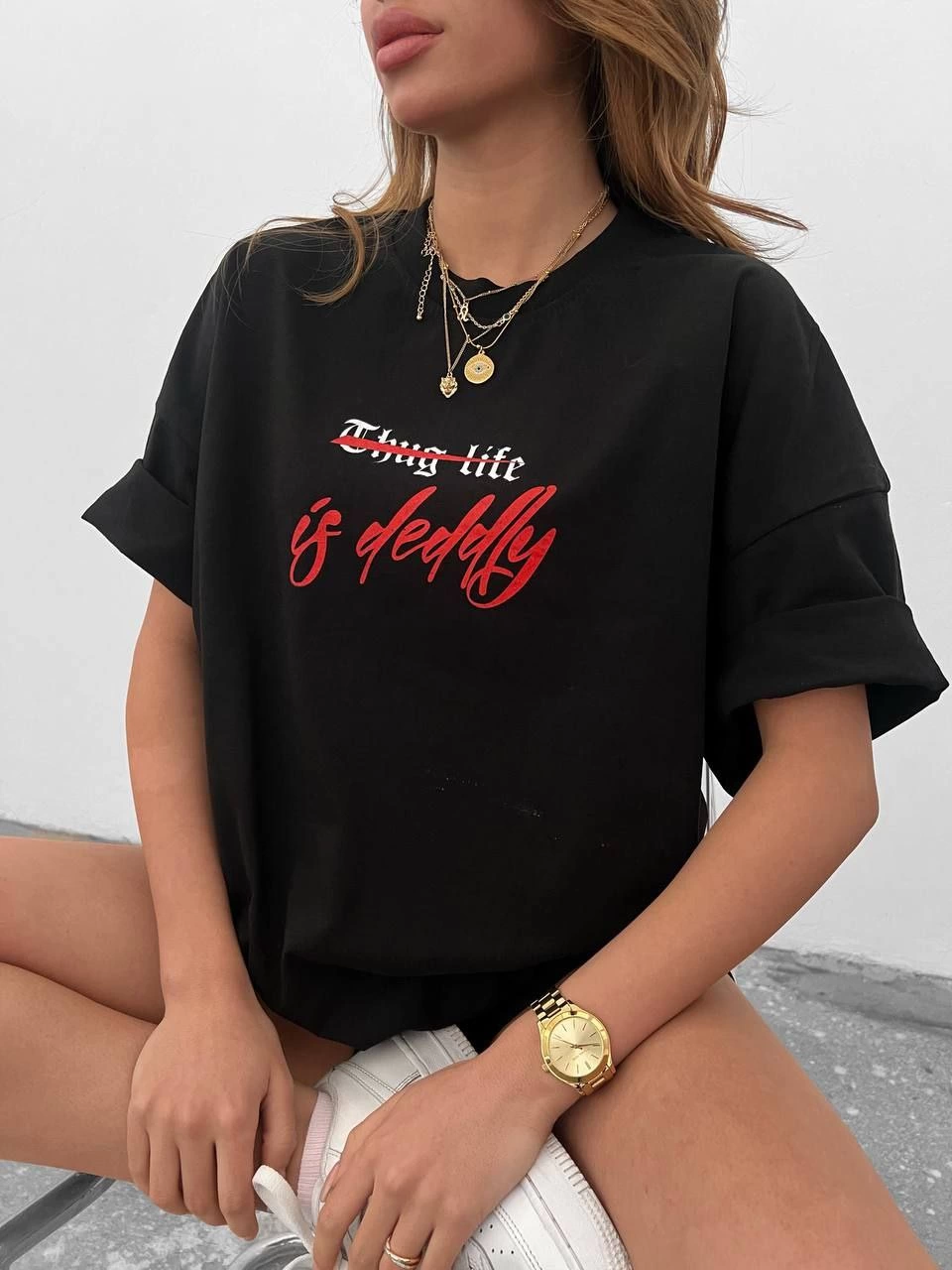 Unisex Crew Neck Printed Oversize T-Shirt - Black