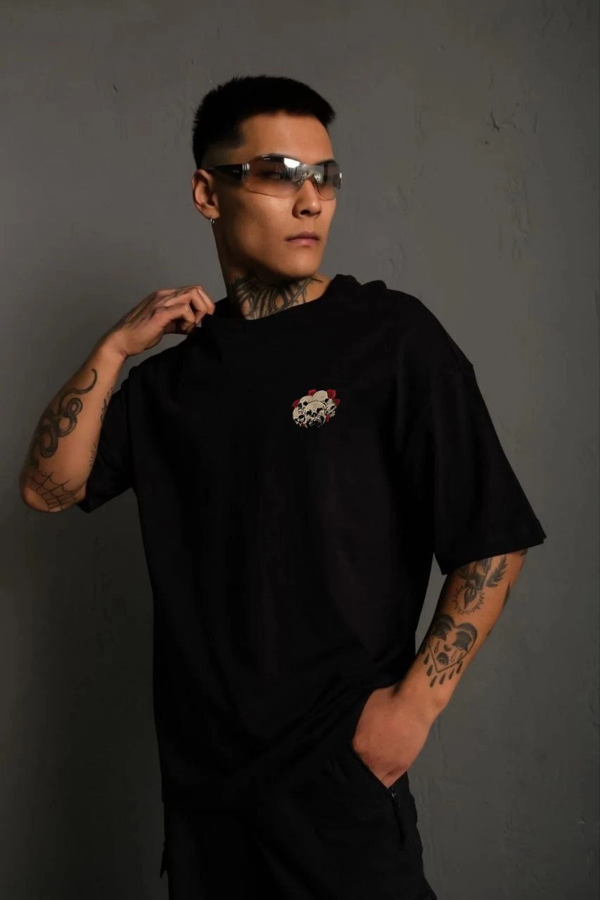 Unisex Crew Neck Printed Oversize T-Shirt - Black