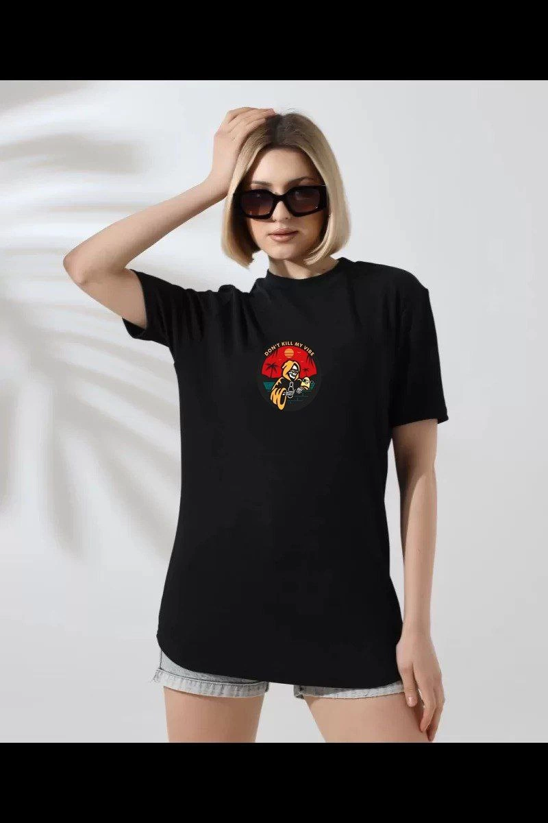 Unisex Women's Crew Neck Printed T-Shirt - Black