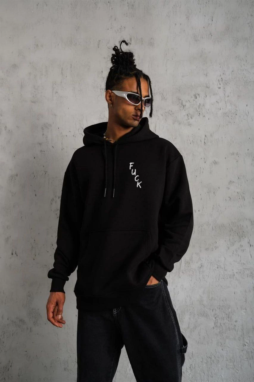 Unisex Hooded Long Sleeve Printed Sweatshirt - Black