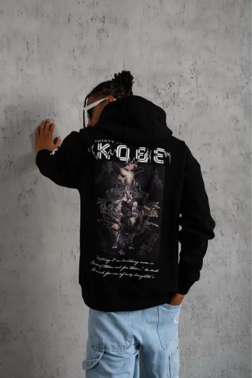 Unisex Back Printed Hooded Three-Thread Oversize Sweatshirt - Black