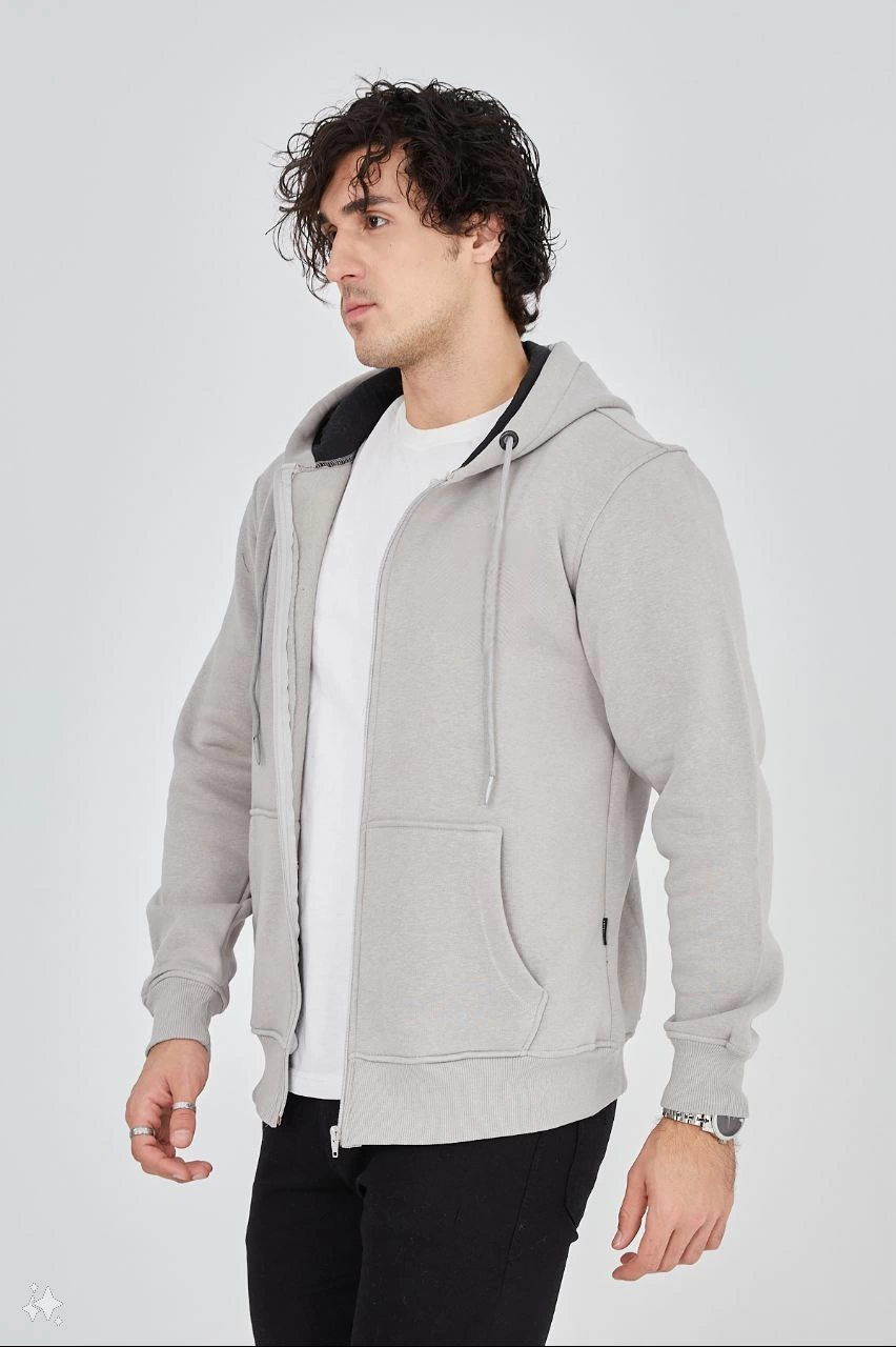 Unisex Tam Fermuarlı Kapşonlu SweatShirt - Boyalı Gri