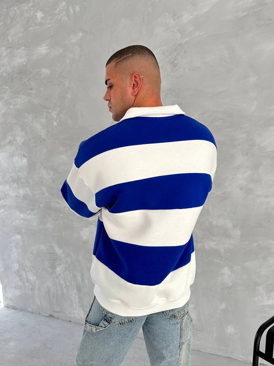 Unisex Three-Yarn Collared Sweatshirt - Blue