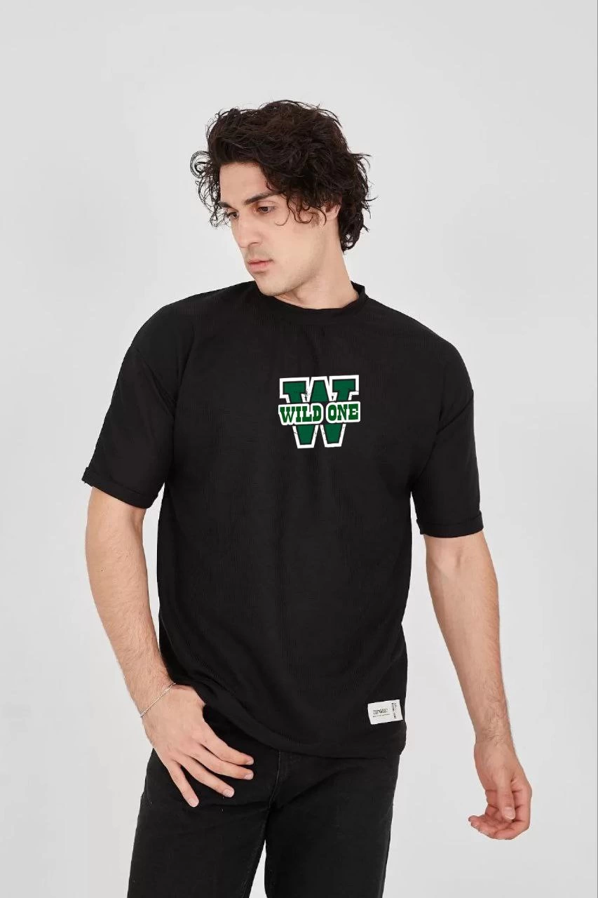 Unisex Waffle Fabric Double Fold Sleeve Printed T-Shirt - Black