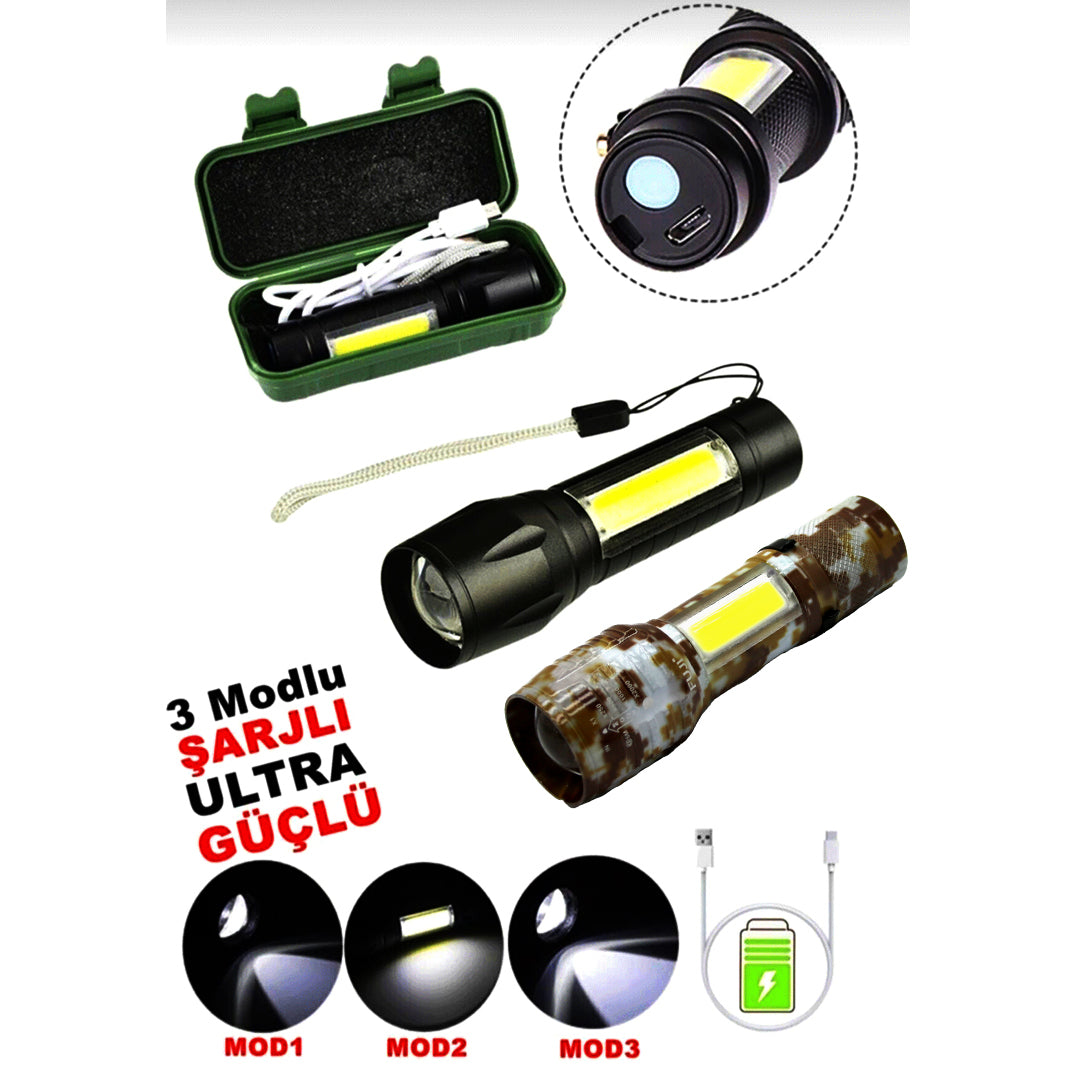 USB CHARGE 2İN13W+1W USB ŞARJLI LEDLİ POLİS EL FENERİ METAL KASA PLS.KUTU (5347)