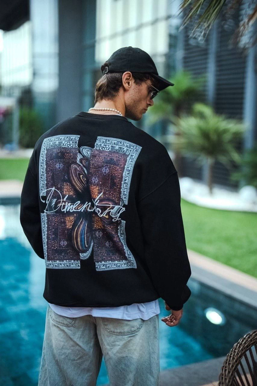 Long Sleeve Crew Neck Front and Back Printed Sweatshirt - Black