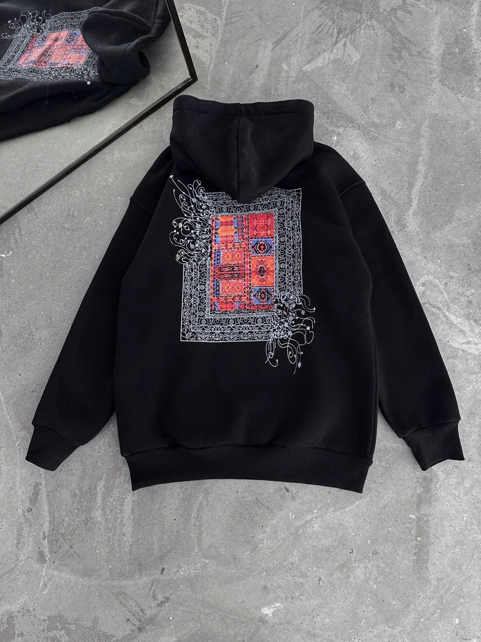 Long Sleeve Hooded Front and Back Printed Sweatshirt - Black