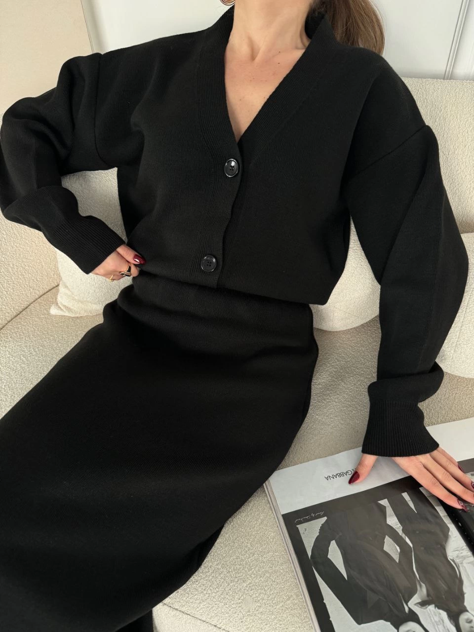 V-Neck 3-Button Cardigan Set with Knitted Skirt - Black