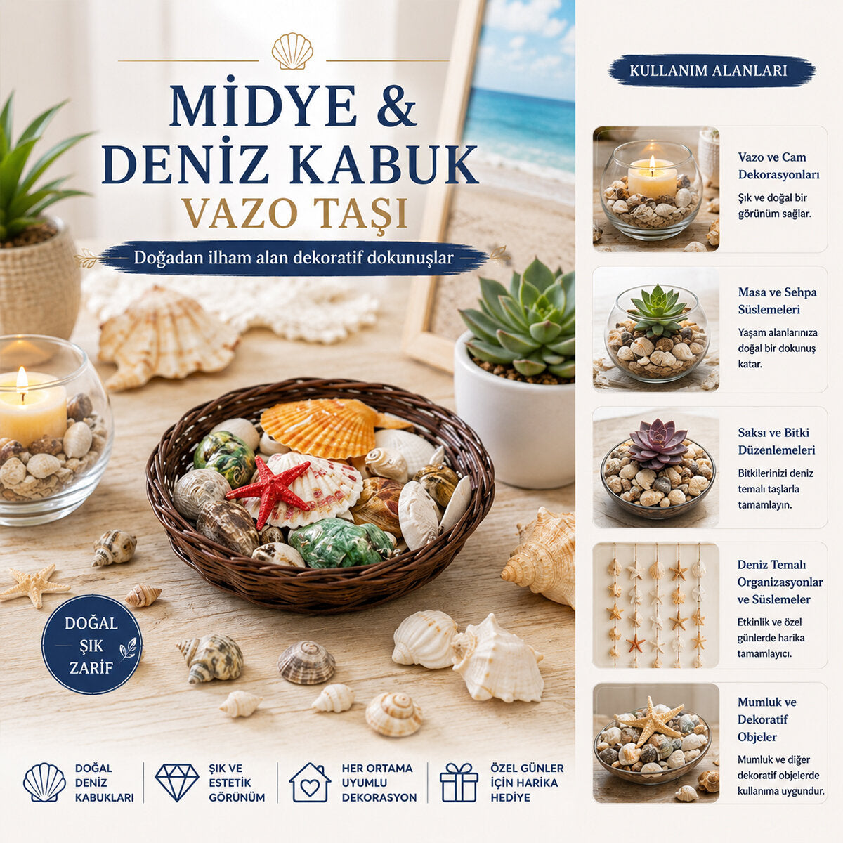 YUVARLAK AHŞAP SEPET RENKLİ MİX MİDYE - DENİZ KABUK VAZO TAŞI (5347)